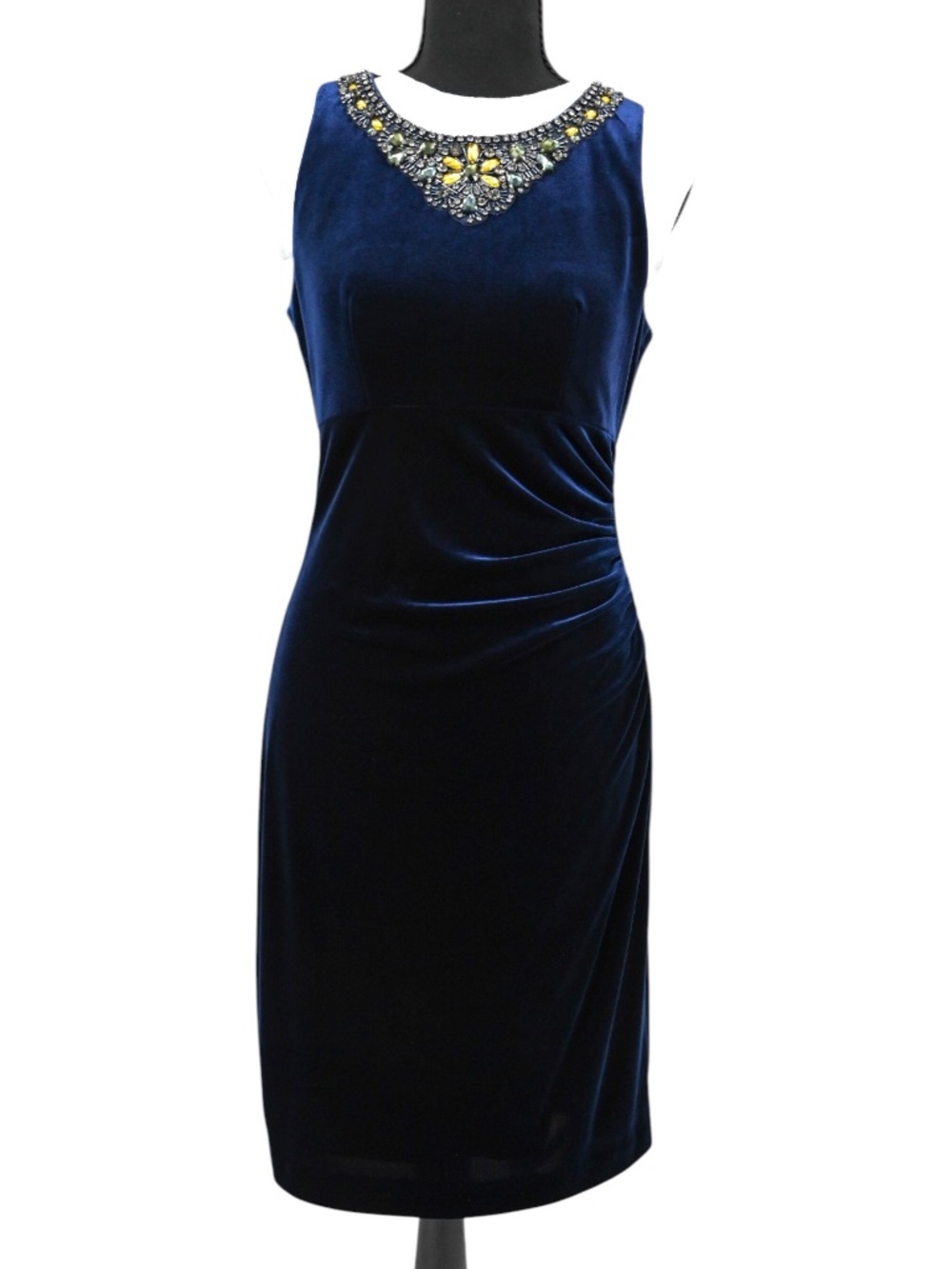 Eliza J Blue Velvet Beaded Neckline Ruched Sheath Dress Wedding Guest Holiday